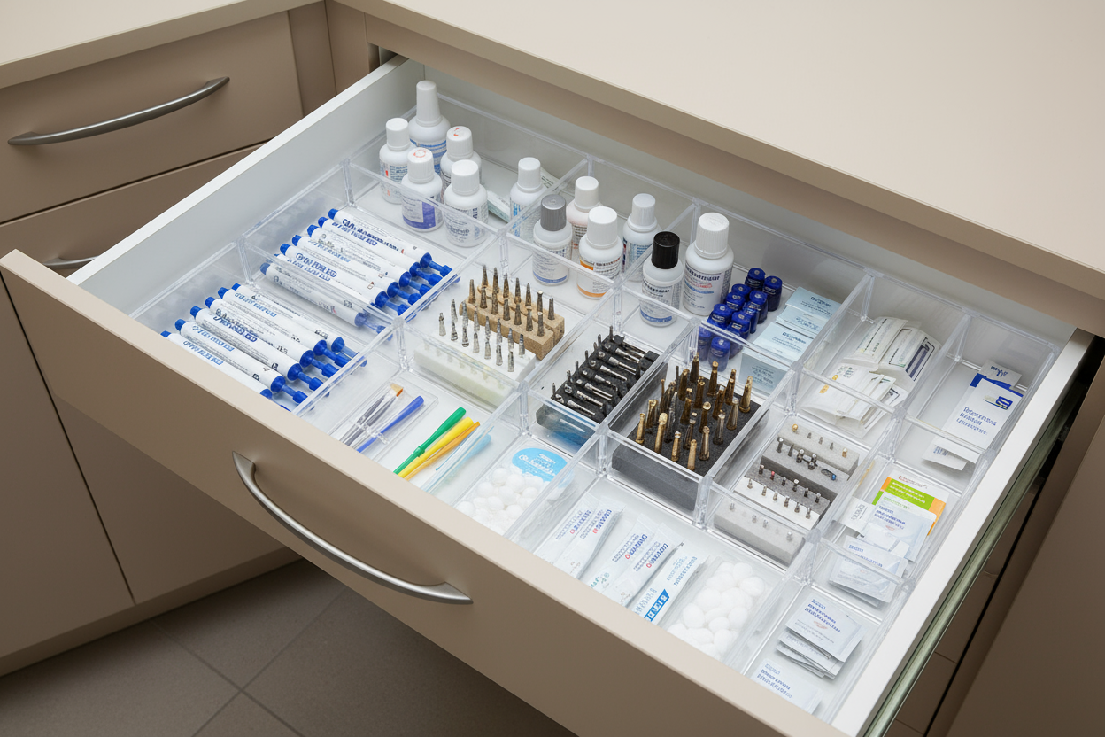 A photorealistic wide-angle image (16:9 aspect ratio) showing an open drawer of a modern custom-built dental cabinetry system in matte beige.
Inside the drawer are transparent acrylic divided organizer trays, perfectly fitted and aligned.
Each compartment contains neatly arranged dental clinic materials — resin syringes, bonding bottles, burs, brushes, and small packaged consumables.
The lighting is bright, clean, and evenly diffused, creating a professional, hygienic atmosphere.
The camera angle is slightl