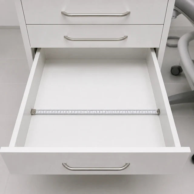 Measure the clear internal width of a dental drawer from inside wall to inside wall.