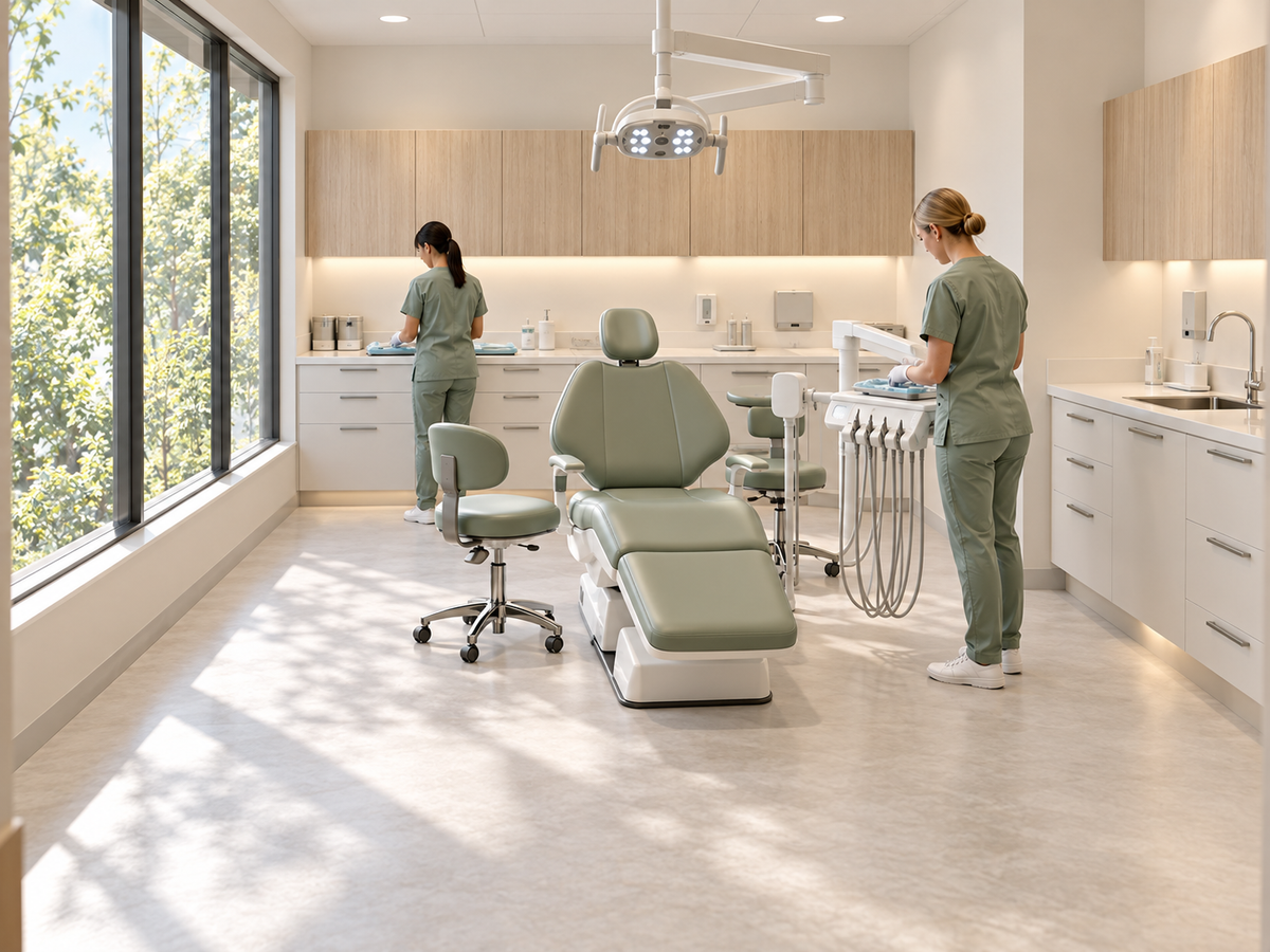 Concept illustration of a bright dental operatory with a preparation counter and clear circulation around the treatment chair