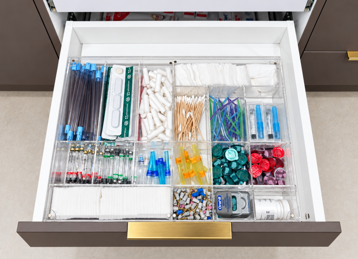 Anesthetic and disposable dental supplies arranged in a clear modular drawer organizer