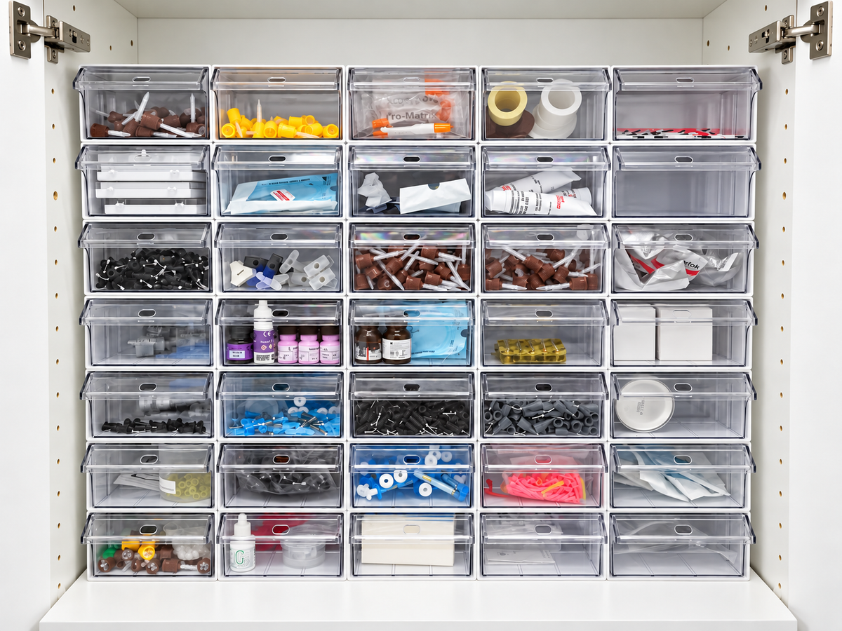 Clearly categorized dental supplies in transparent modular bins, fully visible and easy to find