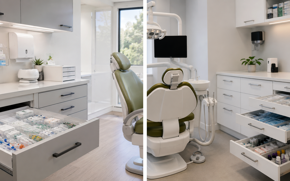 Two dental clinic rooms with different drawer organization setups