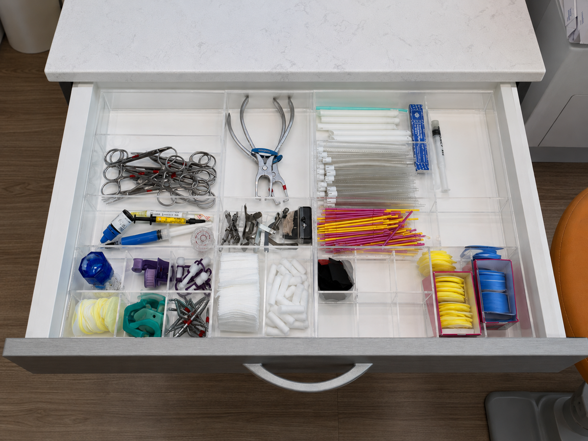 Dental drawer with clear acrylic dividers and more usable storage space