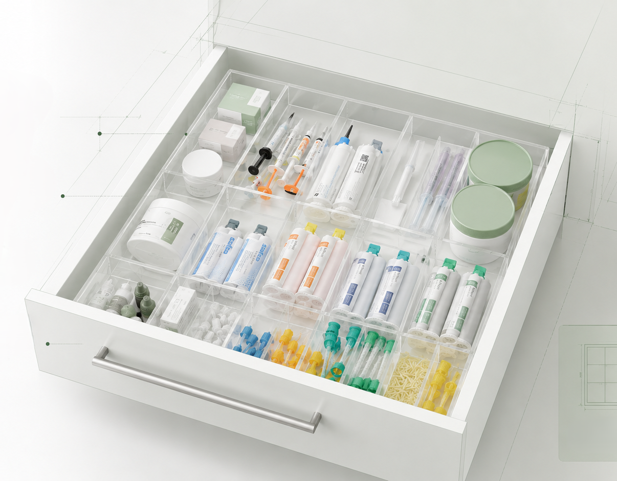 Concept rendering of a dental drawer organized with a clear modular acrylic system
