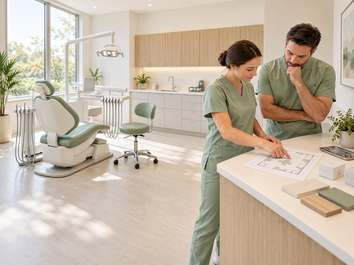 Concept illustration of a dental team reviewing a clinic layout beside a bright, open treatment area