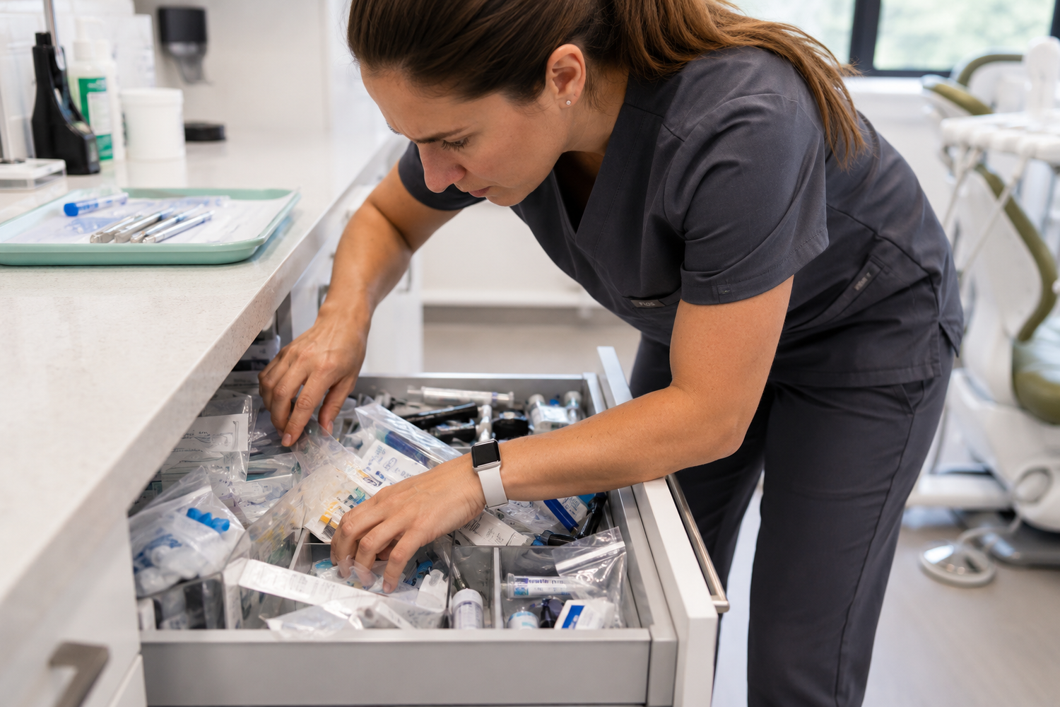 Dental assistant searching through a cluttered dental supply drawer