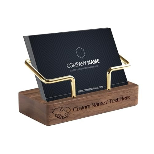 Custom Engraved Wooden Business Card Holder with Gold Metal Frame