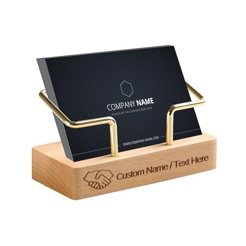 Custom Engraved Wooden Business Card Holder with Gold Metal Frame