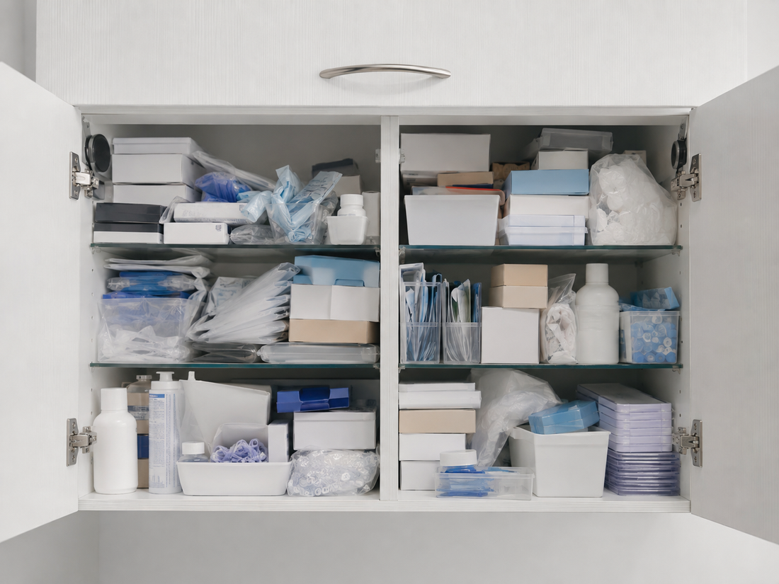 Open dental clinic cabinet with mixed supplies that are difficult to assess at a glance
